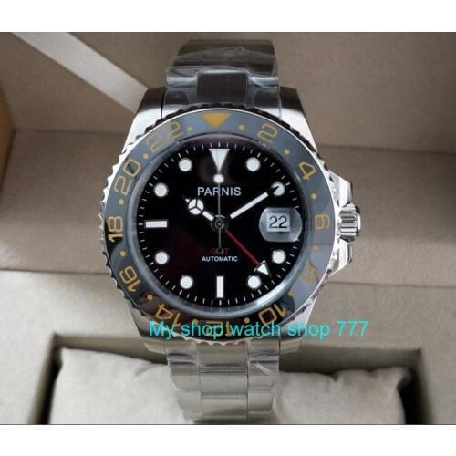 40mm PARNIS Sapphire Crystal GMT Automatic machinery movement luminous mens watches Black ceramic bezel xjp344A