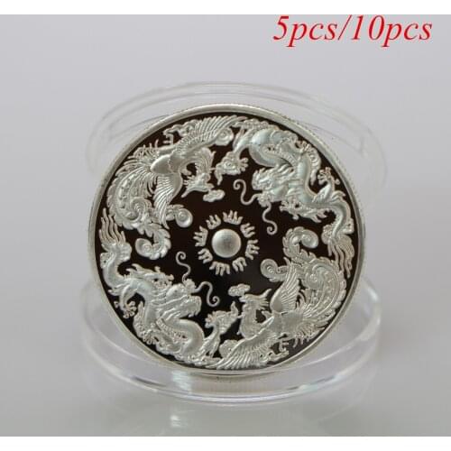 5pcs/10pcs Dragon and Phoenix Chengxiang Silver Coin Zodiac Dragon and Phoenix Animal Coins Metal Badge Gift Art Collection