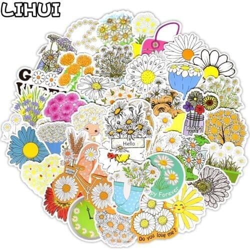 50 PCS Daisy Stickers Cute Flower Anime Stickers for Laptop Skateboard Guitar Luggage Bicycle Motor Car Decal Waterproof Sticker