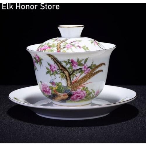 165ml Enamel Color Sancai Covered Bowl Tea Cup Handmade Flower And Bird Covered Bowl Ceramic Tea Bowl Kung Fu Tea Making Bowl