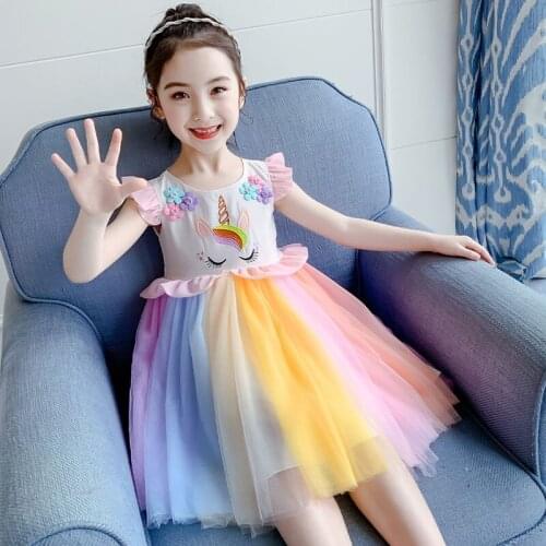 Childrens Clothing Summer New Girls Dress Unicorn Embroidery Flower Rainbow Dress Girl Clothes
