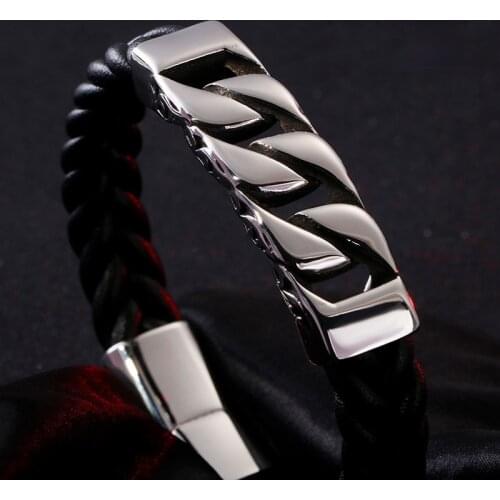 Jewels Store Stainless Steel Cuban Chain Bracelet Men 21cm Cowhide Woven Leather Wrap Armband Jewelry For Man