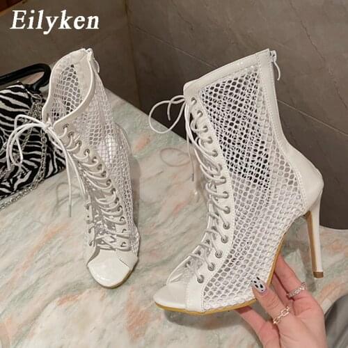 Eilyken High Quality Gladiator Women Boots Sandals Sexy Hollow Out Mesh Peep Toe Cross Lace Up Zip Woman Shoes Stiletto Heels
