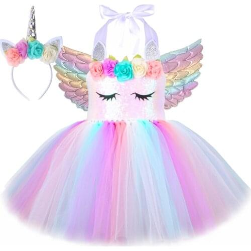 Sequins Unicorn Costume for Girls Halloween Birthday Party Princess Unicorn Dress Up Outfit Pastel Flowers Tulle Kids Tutu Dress