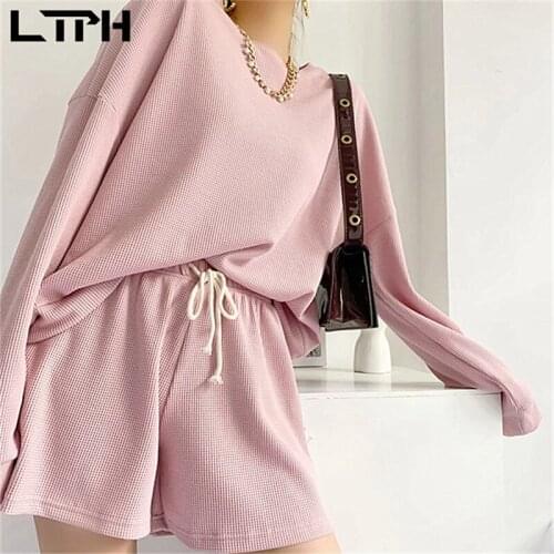 LTPH sportswear casual sets Long sleeve loose O-Neck sweatshirt High waist Drawstring shorts two piece set women 2021 Summer New