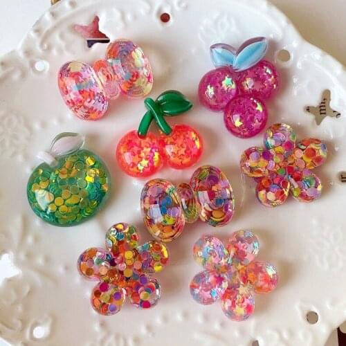 Newest Resin Cabochon Glitter Fruit Cherry Flower Flatback Miniature Art Phone Decoration Hair Bow Accessories DIY Scrapbook