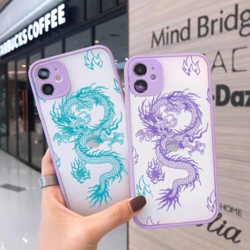 Fashion Dragon Animal Pattern Phone Case Matte transparent For Purple iPhone 12 Mini 11 Pro XR XS Max 7 8 Plus X Back Cover