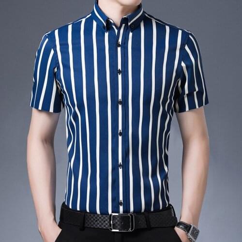 Mens Summer Fashion Casual Slim Blue Striped Thin Stretch Short-sleeved Lapel Shirt Anti-wrinkle Top