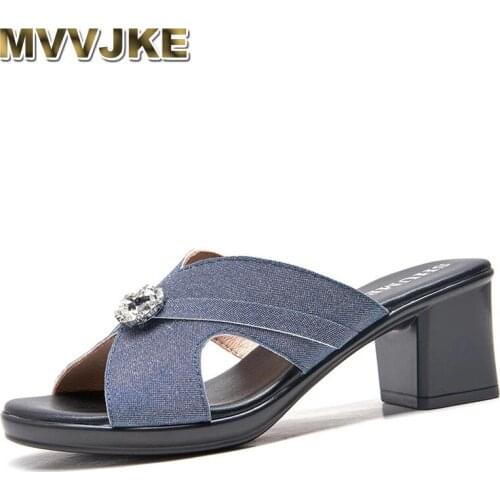 MVVJKE Fashion Middle-aged Slippers Rhinetone Summer Shoes Plus Size 41 Thick Heel Women Sandals Mother Slippers