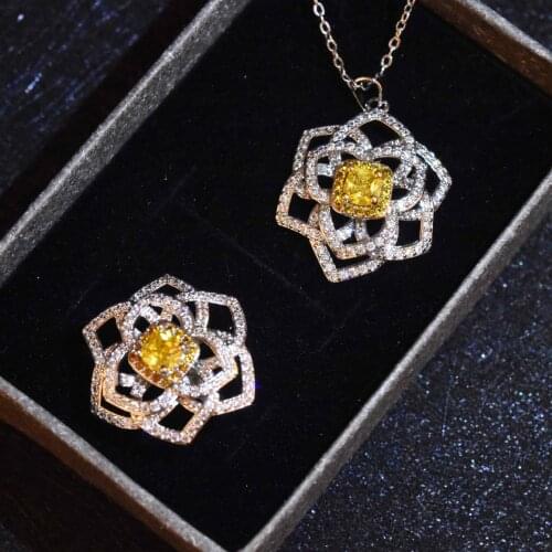 Big Flower Topaz Zircon Jewelry set 925 Sterling Silver Engagement Wedding Rings Necklace For Women Bridal Party Gift