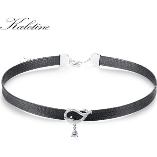 KALETINE 925 Sterling Silver & Black Braid Choker Necklace For Women Chocker Colar Fish Animal Jewelry Black Rope Gift for Girl