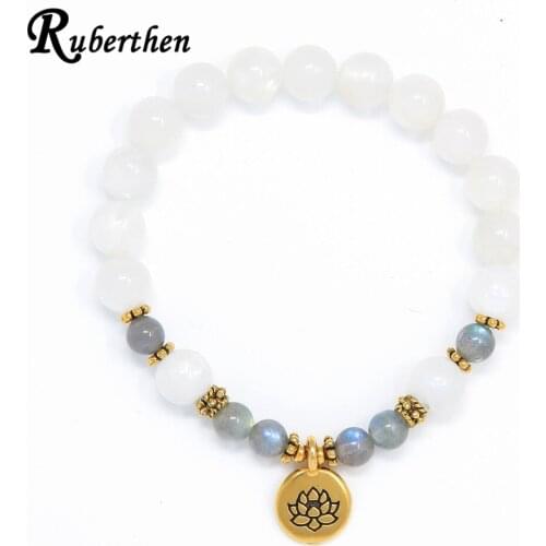Ruberthen Natural Lapis Lazuli Ohm Charm Labradorite Mala Beads Bracelet for Women Spiritual Healing Balance Energy Bracelet