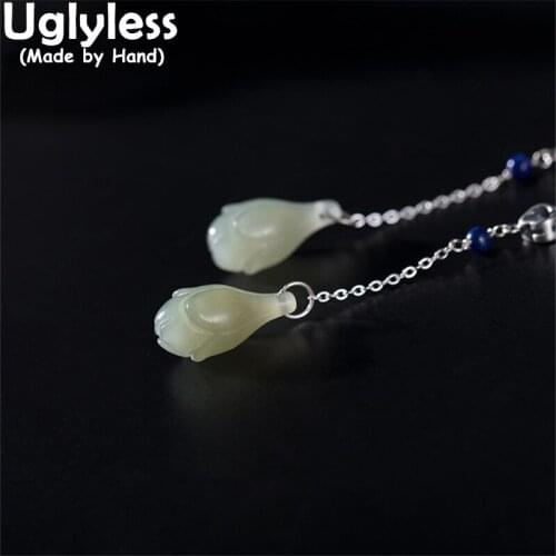 Uglyless Elegant Magnolia Earrings for Women Natural Jade Gemstones Floral Earrings Ethnic Thai Silver Jewelry 925 Silver Brinco