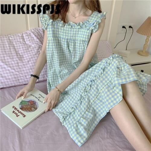 WIKISSPJS 2021 New Sleeveless Bow Lace Check Nightdress Sexy Sleepwear Sleep Tops Summer Dress Night Gown Cute
