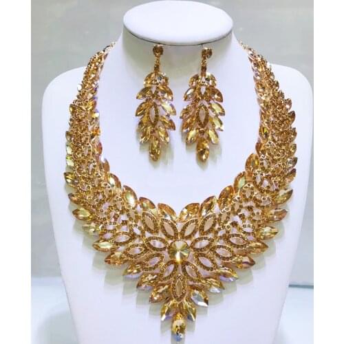 Crystal Bridal Jewelry Sets Wedding Cubic Zircon Crown Tiaras Earring Choker Necklace Set African Beads Jewelry Set