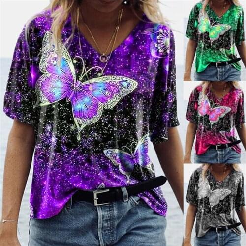 Women Summer Print T-Shirt Women Casual Tees V-Neck Half Sleeve Loose New Butterfly Print Blouse Women Short Sleeve Tops