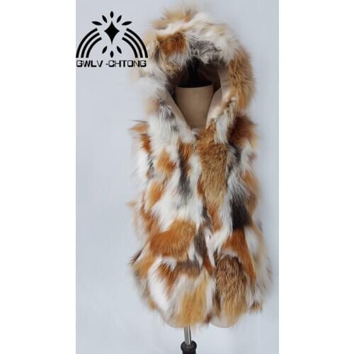 Genuine real natural fox fur vest womens long fashion red fox fur vest with hood gilet 50CM length