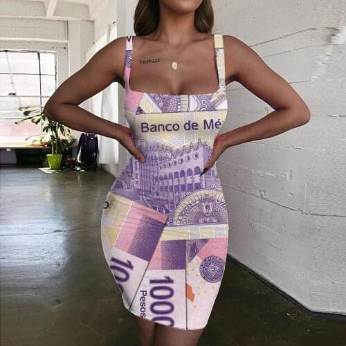 KYKU Brand Money Dress Women Mexican Peso Sundress Mexico Bodycon Dress Harajuku 3d Print Vintage Halter Sleeveless