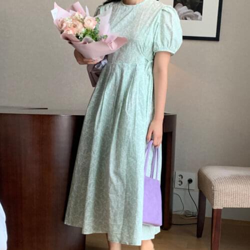 Korea Chic Summer Small Fresh and White Temperament Bubble Sleeve Waist Tie Long Round Neck Print Dress Female
