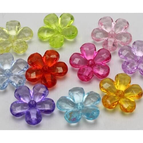 50 Mixed Colour Transparent Acrylic Flower Beads 22mm Center Drilled Flower
