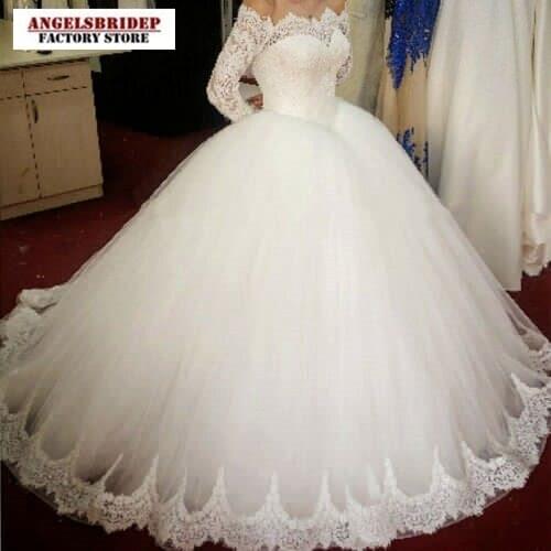 ANGELSBRIDEP Long Sleeves Tulle Ball Gown Wedding Dresses Vestido De Noiva Sexy Off-Shoulder Appliques Court Train Bridal Gowns
