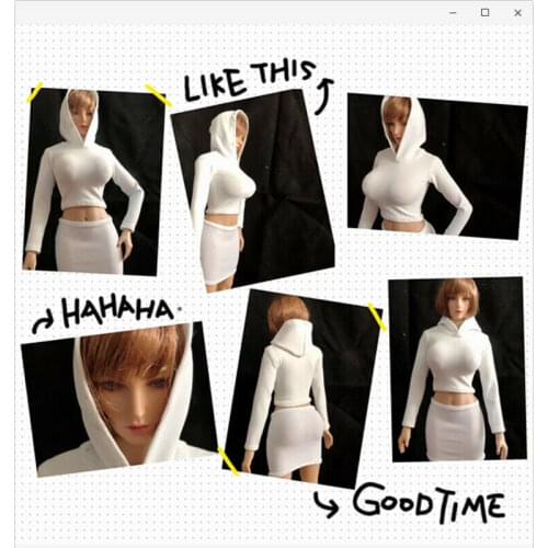 1:6 White Womens Long Sleeve Hooded T-shirt + Hip Skirt Model F 12" female Doll