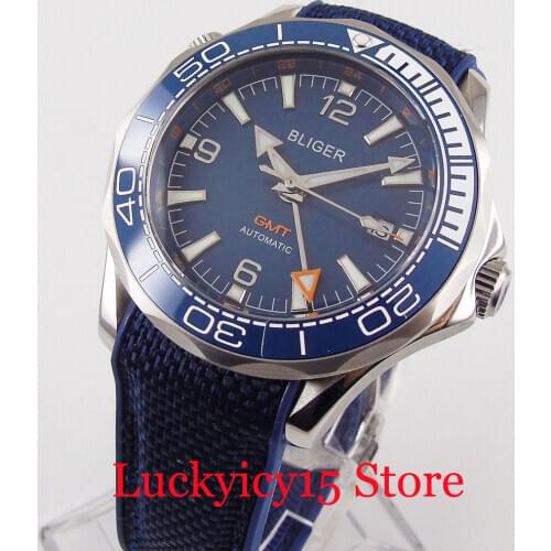 BLIGER Band GMT Hand Automatic Men Watch Blue Dial Rubber Strap Rotating Bezel Sapphire Glass
