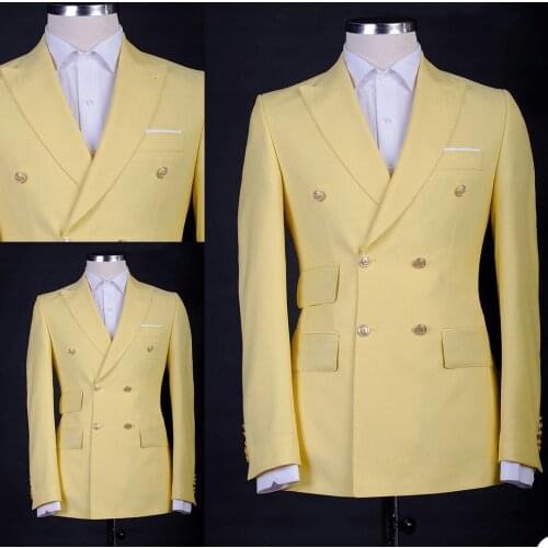 Business Mens Tuxedos Yellow Groom Double Breasted Wedding Blazer Suits Formal Prom Party Pants Coat(Jacket+Pants)