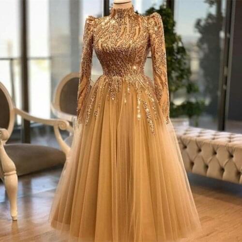 Gold Tulle Evening Dresses A Line Long Sleeves vestidos de noche Sequin Prom Dress Long Dubai Wear robe de soirée de mariage