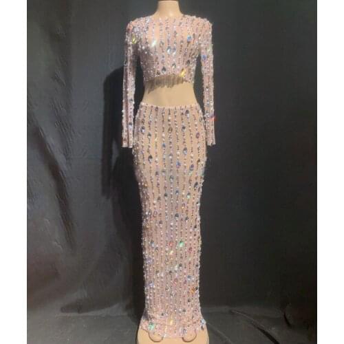 Women Sexy Rhinestones Pearls Mesh Dress Birthday Evening Celebrate Party Long Dress Nightclub Outfit Stage Costume Sexy Dress