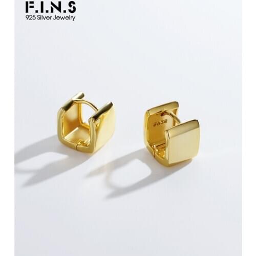 F.I.N.S Pure 925 Sterling Silver Geometric Hoop Earrings for Women Korean Fashion Smooth Wide Square Earlobe Fine Jewelry