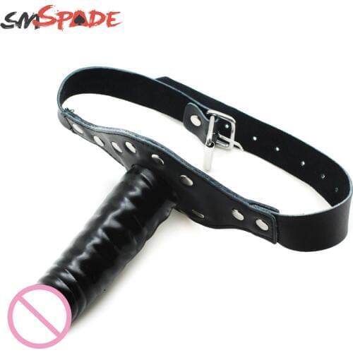 Genuine Leather dildo gag Harness Mouth Plug Sexy Adult penis gag with Multi-function Oral Fixation mouth stuffed Free Shipping