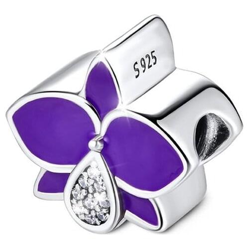Purple Blosssom Fandola CKK 925 Sterling Silver Radiant Flower Charm Orchid Enamel Fits for Brand Bracelet Charms Jewelry Making