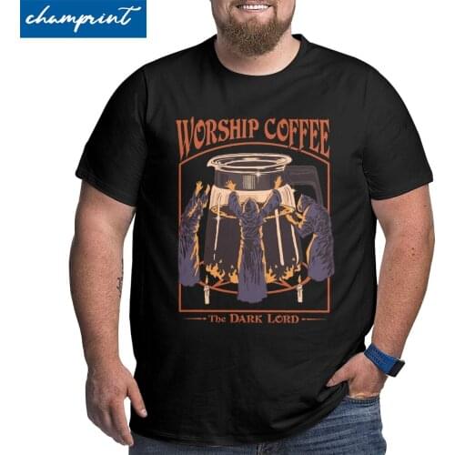 Mens T-Shirt Worship Coffee Devils Demons Horror Vintage Big Tall Tee Shirt 80s Caffeine Addict T Shirts Big Size 4XL 5XL 6XL