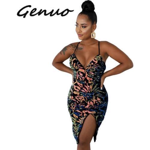 Genuo New Sequin Print Sexy Slit Bodycon Mini Dress 2019 Sleeveless V Neck Zip Up Tight Fitted Dresses Woman Party Night Club