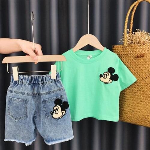 Disney Boys Girls Mickey Mouse Cotton T-shirt Clothes Set Fashion Boys Cartoon Short Sleeve Jeans Shorts Tracksuit Outfits
