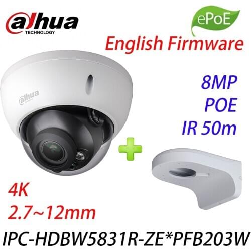 Dahua IPC-HDBW5831R-ZE 4K 8MP POE 2.7~12mm motorized IR50m IP67 1K10 SD security camera IPC-HDW5831R-ZE and Wall mount PFB203W