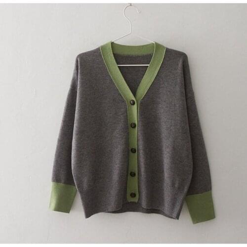 Womens Spring Autumn Cardigan Chic Street V-neck Color Button Wool Knitted Korean Sweater Jacket Autumn Top 2021 New