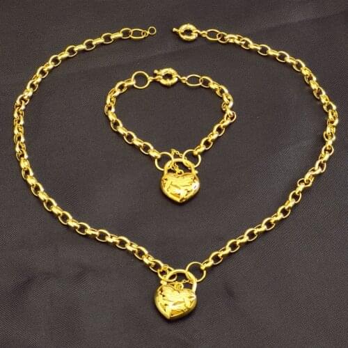 Yellow Gold Vacuum plating Heart Belcher padlock pendant necklace & Bracelet for women