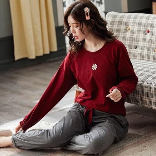 Red Sleepwear Sets For Women Lovely Flower Pattern Pajamas Cotton Long Sleeve Home Wear Hot Sale Femme Underwear Pijamas