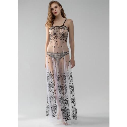 Sxthaenoo lace suspender sexy pajamas womens home wear simulation ice mesh nightdress evening dress long skirt sexy lingerie