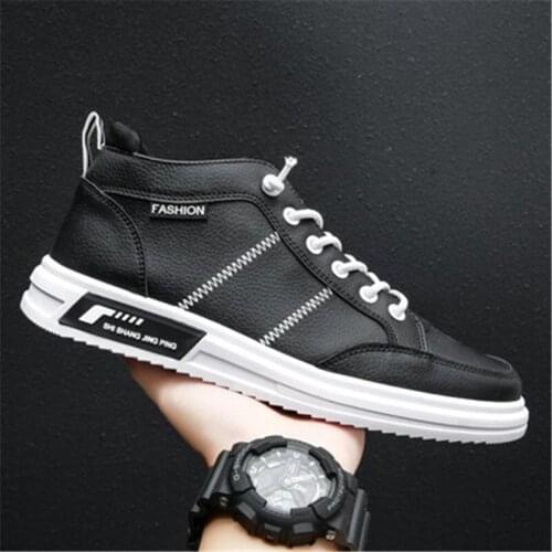 Men Leather Casual Shoes High Top Lace-up Sneakers Man Vulcanized Shoes Platform Shoes Fashion Sports Shoes Zapatos De Hombre