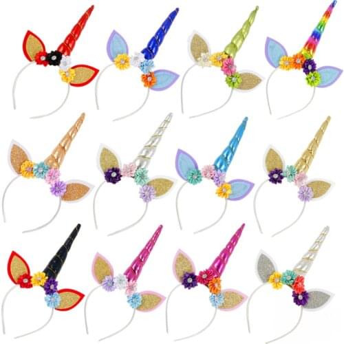 Fashion Gold Silver Rainbow Unicorn Horn Headband Ribbon Satin Flowers Unicorn Hair Bands Birthday Party Gift Hair Accessories