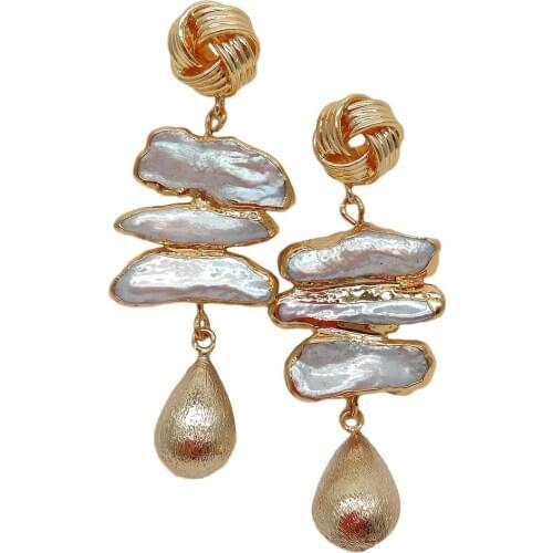 YYGEM natural White Biwa Freshwater Pearl Gold filled gold brushed teardrop beads Stud Earrings luxury wedding for women