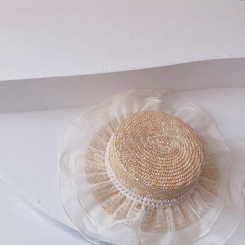 Childrens Cap Straw Hat Lace Pearl Decoration Flat Top Sun Protection Caps Girl Wide Brim Hat Beach Hat Sun Hat With Chin Strap