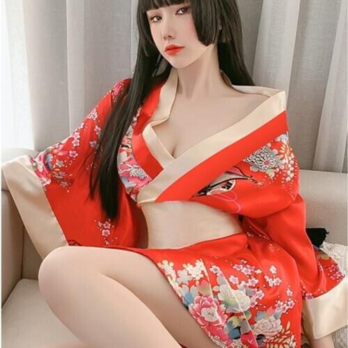 2020 Sexy Lingerie Womens Two-Color Optional Wide-Sleeved Uniform Temptation Deep V Beautifully Printed Japanese Kimono Suit