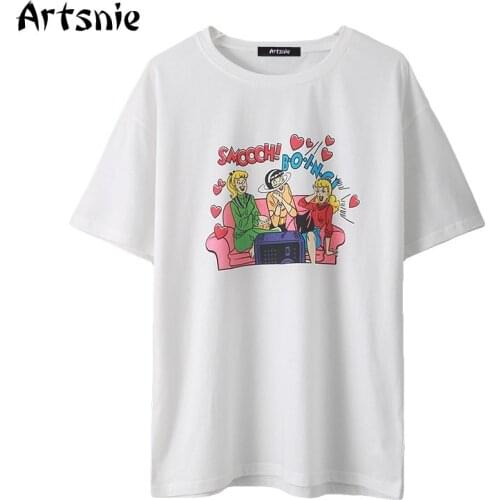 Artsnie white cartoon print t shirt women summer o neck short sleeve tops femme streetwear casual oversized cotton t-shirt