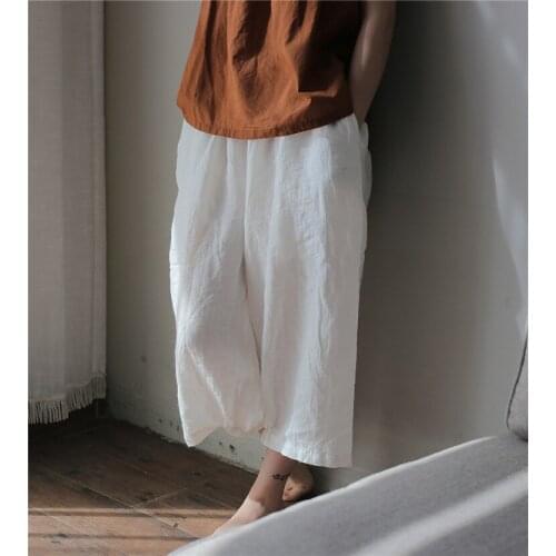 Women Loose Solid Color Ramie Elastic Waist Pants Ladies Vintage Retro Ramie Trousers Female 2020 Washed Pants