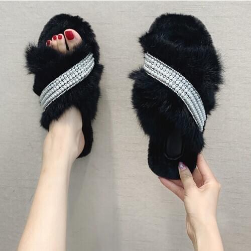 2021 Winter Women Slippers Indoor Warm Fur Plush New Fashion Versatile Flat Soft Bottom Pearl Slippers Pantoufle Femme Fourrure