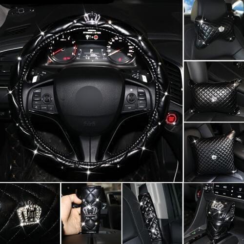 Crystal Crown Leather Car Seat Interior Accessories Steering Wheel Covers Headrest Neck Handbrake Gear Shift Cover Women